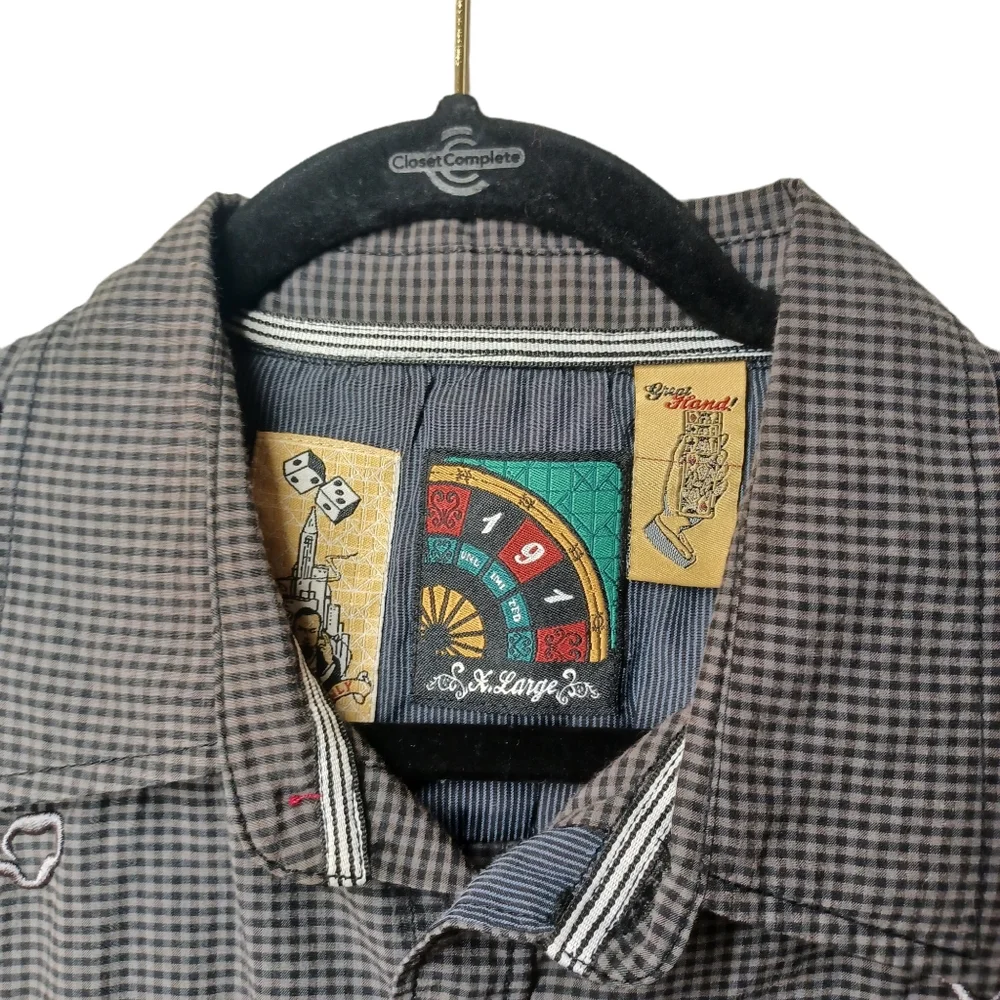 191 UNLIMITED Gray Black Check Plaid Print Red Stripe Button Front Shirt XL - Picture 4 of 8